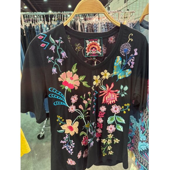 Johnny Was Maureen Trapunto 3/4 Tee Cotton Shirt Floral Embroidery Top Black NEW - Picture 8 of 13